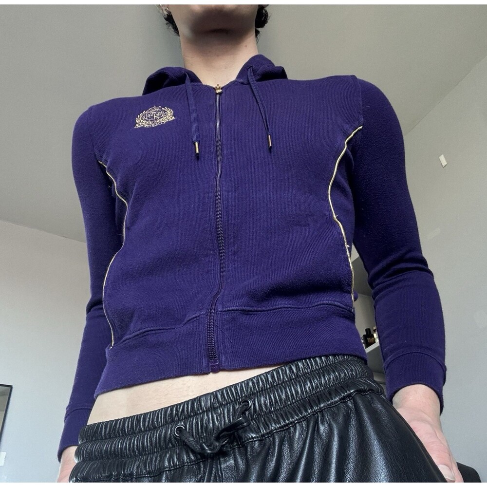Vintage Ralph Lauren Purple Cropped Zip Up Sweater Gold Embroidered Crest XS Pre